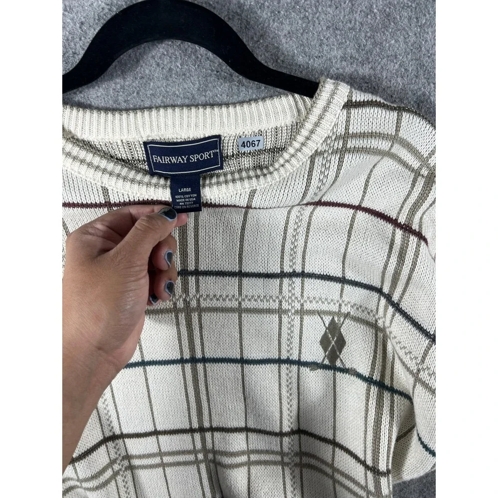 Fairway Sport Crewneck Sweater Mens Large Cream Plaid Cotton Knit Golf USA